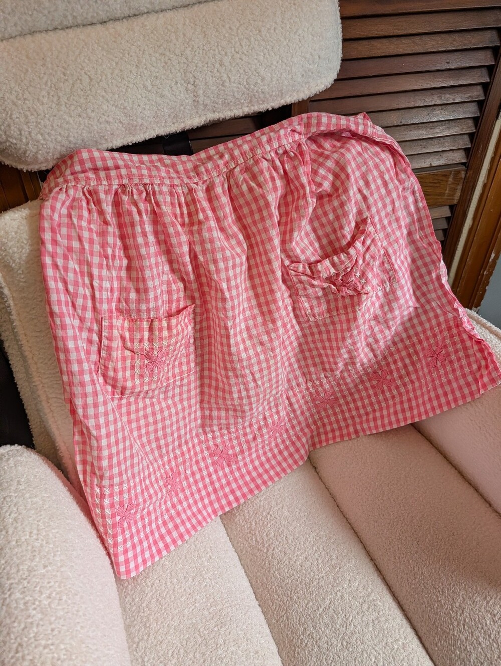 Vintage Pink Gingham Kitchen Apron Hand Sewn
